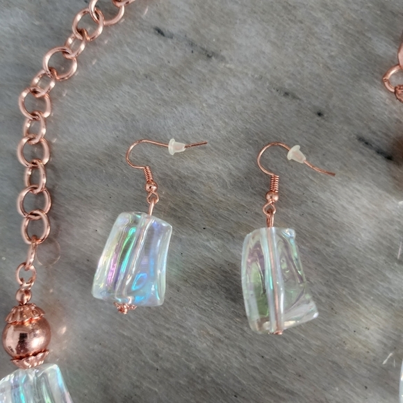 Iridescent Opaline Bead Necklace with Rose Gold Copper Accents and Earrings - Picture 2 of 7
